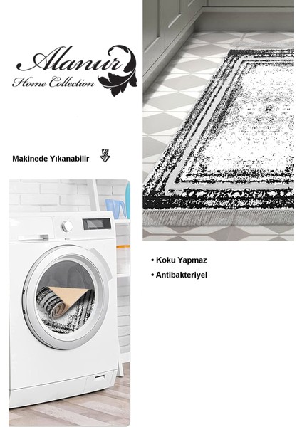 Dijital Mutfak Halısı Yıldız Deri Kaymaz Taban Saçaklı Modern Mollie Siyah