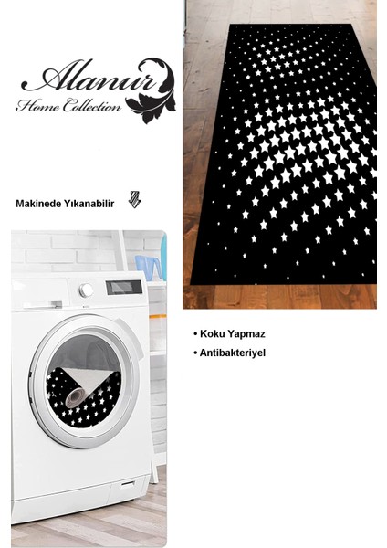 Dijital Mutfak Halısı Trend Keçe Kaymaz Taban Modern Willow Siyah