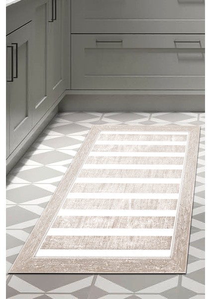Dijital Mutfak Halısı Trend Keçe Kaymaz Taban Modern Alexia Bej