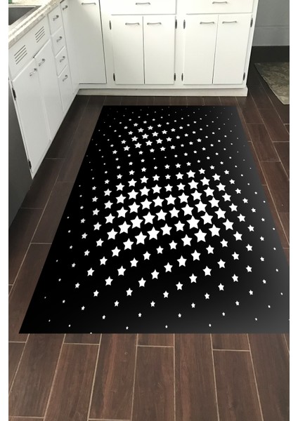 Dijital Mutfak Halısı Yıldız Deri Kaymaz Taban Modern Willow Siyah