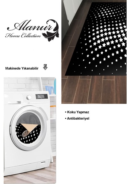 Dijital Mutfak Halısı Yıldız Deri Kaymaz Taban Modern Willow Siyah modelleri