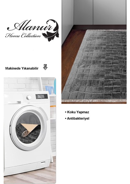 Dijital Mutfak Halısı Yıldız Deri Kaymaz Taban Saçaklı Modern Blaithin Gri