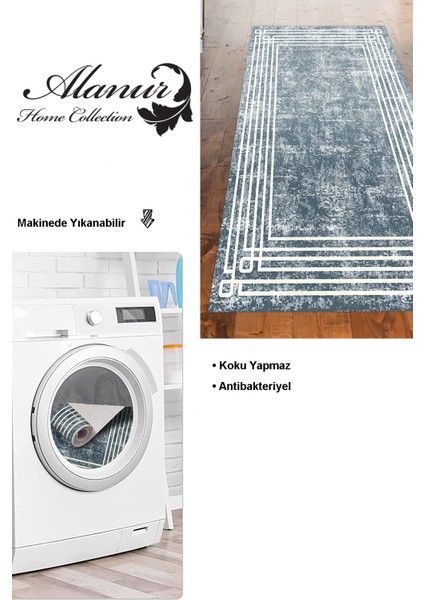 Dijital Mutfak Halısı Trend Keçe Kaymaz Taban Modern Shelbi Mavi