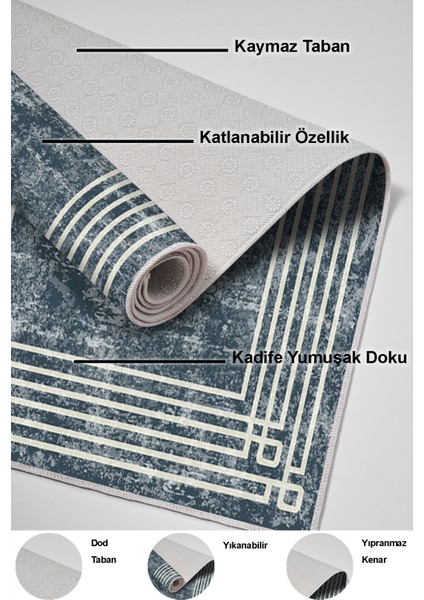 Dijital Mutfak Halısı Trend Keçe Kaymaz Taban Modern Shelbi Mavi