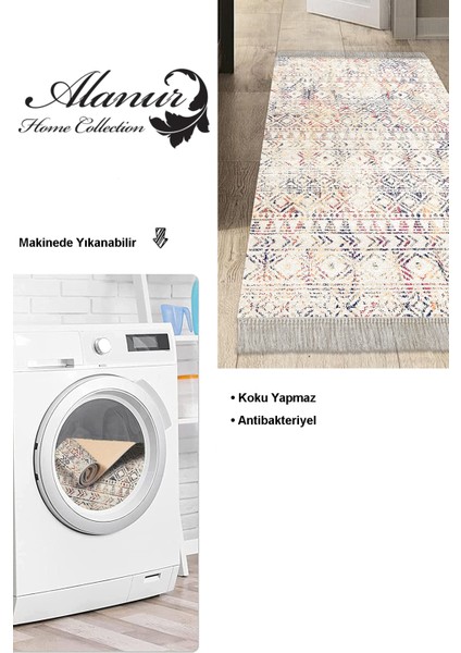 Dijital Mutfak Halısı Yıldız Deri Kaymaz Taban Saçaklı Iskandinav Leilani Bej