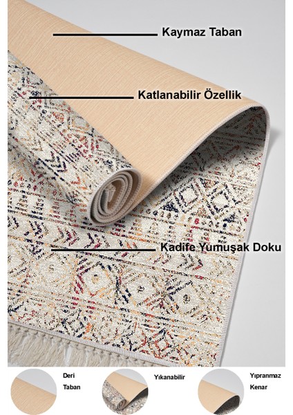 Dijital Mutfak Halısı Yıldız Deri Kaymaz Taban Saçaklı Iskandinav Leilani Bej
