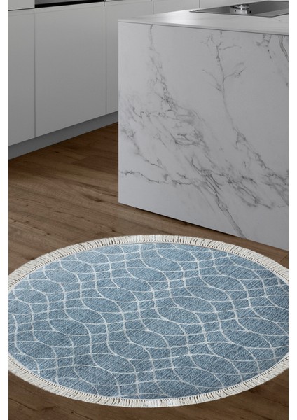 Dijital Mutfak Halısı Star Pamuk Kaymaz Taban Saçaklı Yuvarlak Iskandinav Celestine Lacivert
