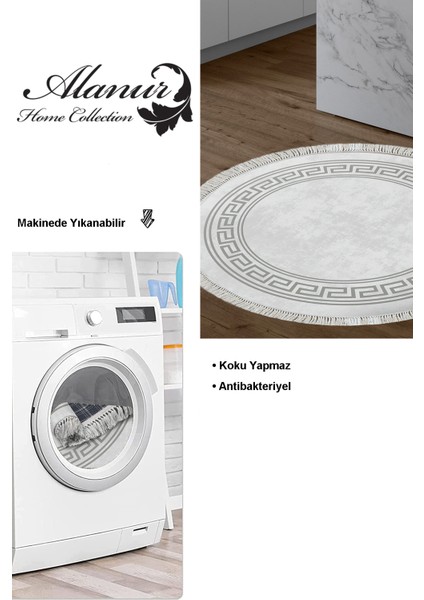 Dijital Mutfak Halısı Star Pamuk Kaymaz Taban Saçaklı Yuvarlak Modern Cassietta Gri