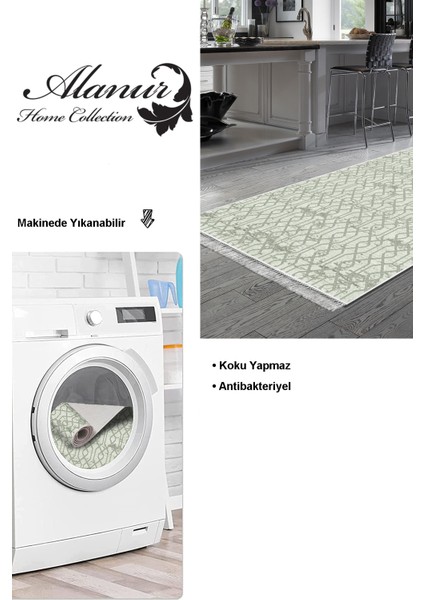 Dijital Mutfak Halısı Trend Keçe Kaymaz Taban Saçaklı Modern Eliana Yeşil modelleri