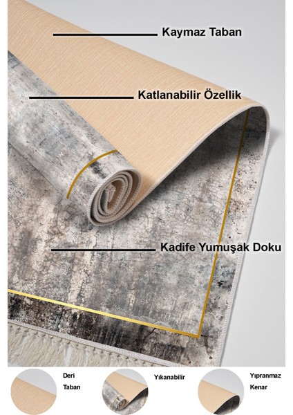 Dijital Mutfak Halısı Yıldız Deri Kaymaz Taban Saçaklı Modern Landen Gri indirimleri