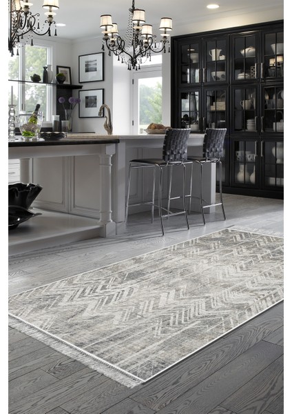 Dijital Mutfak Halısı Yıldız Deri Kaymaz Taban Saçaklı Iskandinav Mel Gri