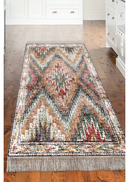 Dijital Mutfak Halısı Yıldız Deri Kaymaz Taban Saçaklı Iskandinav Olwen Renkli