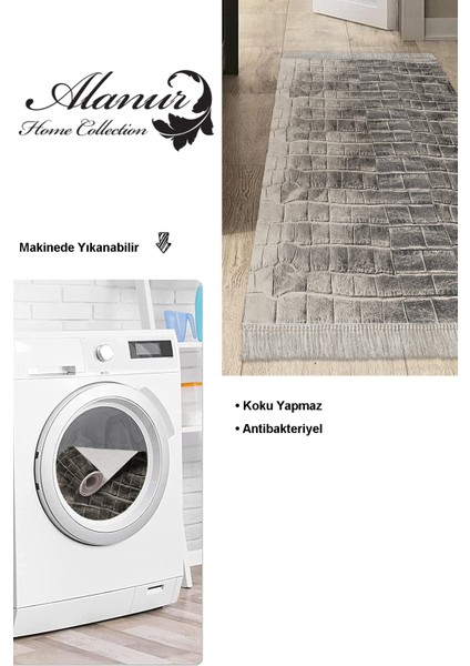 Dijital Mutfak Halısı Trend Keçe Kaymaz Taban Saçaklı Modern Blaithin Bej