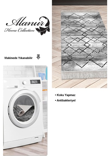 Dijital Mutfak Halısı Trend Keçe Kaymaz Taban Saçaklı Modern Zanna Siyah