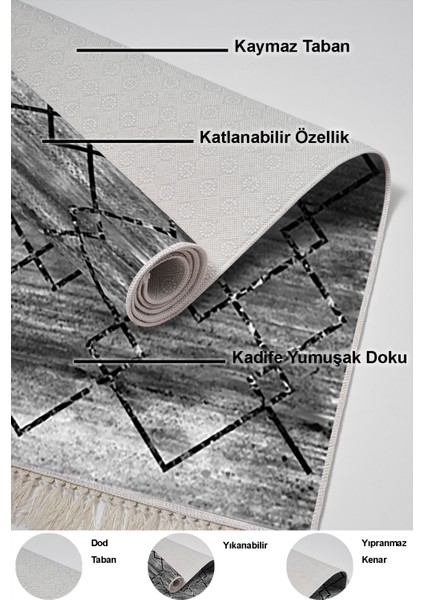 Dijital Mutfak Halısı Trend Keçe Kaymaz Taban Saçaklı Modern Zanna Siyah