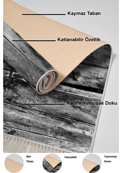 Dijital Mutfak Halısı Yıldız Deri Kaymaz Taban Saçaklı Modern Alannah Gri