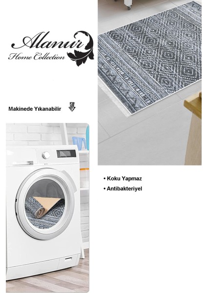 Dijital Mutfak Halısı Yıldız Deri Kaymaz Taban Saçaklı Iskandinav Liz Mavi modelleri