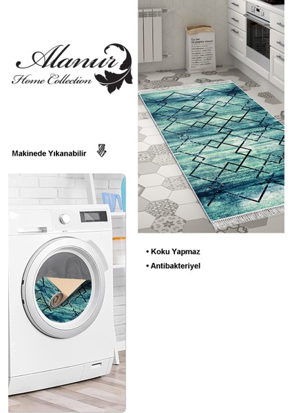 Dijital Mutfak Halısı Yıldız Deri Kaymaz Taban Saçaklı Modern Zanna Mavi