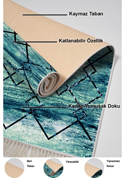 Dijital Mutfak Halısı Yıldız Deri Kaymaz Taban Saçaklı Modern Zanna Mavi