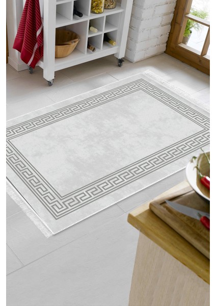 Dijital Mutfak Halısı Star Pamuk Kaymaz Taban Saçaklı Modern Cassietta Gri