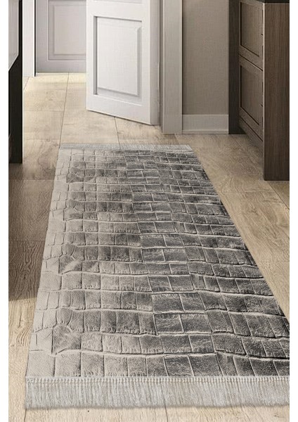 Dijital Mutfak Halısı Trend Keçe Kaymaz Taban Saçaklı Modern Blaithin Bej