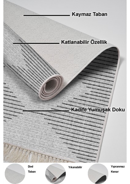 Dijital Mutfak Halısı Trend Keçe Kaymaz Taban Saçaklı Iskandinav Kay Gri