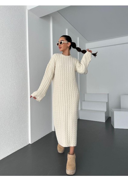 Krem Bisiklet Yaka Örgü Desen Uzun Triko Elbise modelleri