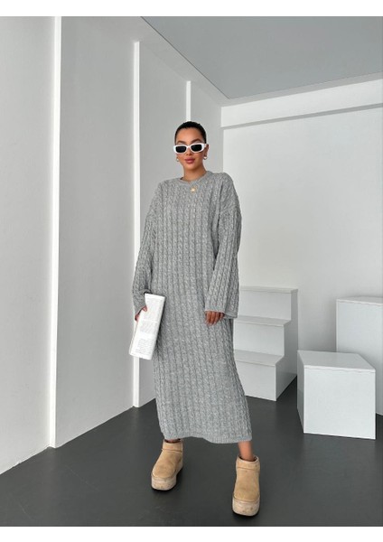 Gri Bisiklet Yaka Örgü Desen Uzun Triko Elbise fiyatları