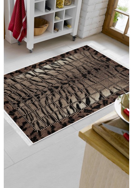 Dijital Mutfak Halısı Yıldız Deri Kaymaz Taban Saçaklı Modern Joelle Kahve