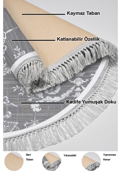 Dijital Mutfak Halısı Yıldız Deri Kaymaz Taban Saçaklı Yuvarlak Modern Queta Gri