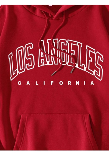 Kırmızı La California Baskılı Oversize Kapüşonlu Erkek Sweatshirt