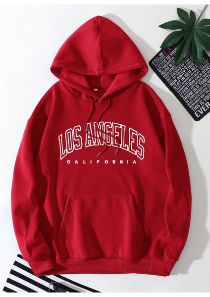 Kırmızı La California Baskılı Oversize Kapüşonlu Erkek Sweatshirt fiyatları