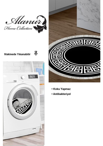 Dijital Mutfak Halısı Trend Keçe Kaymaz Taban Saçaklı Yuvarlak Modern Penelope Siyah