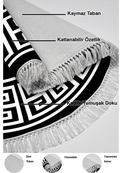 Dijital Mutfak Halısı Trend Keçe Kaymaz Taban Saçaklı Yuvarlak Modern Penelope Siyah