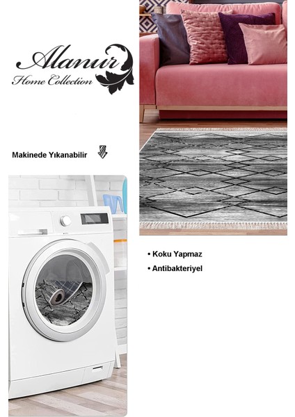 Dijital Salon Halısı Star Pamuk Kaymaz Taban Saçaklı Modern Zanna Siyah