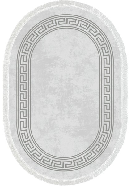 Dijital Mutfak Halısı Yıldız Deri Kaymaz Taban Saçaklı Oval Modern Cassietta Gri