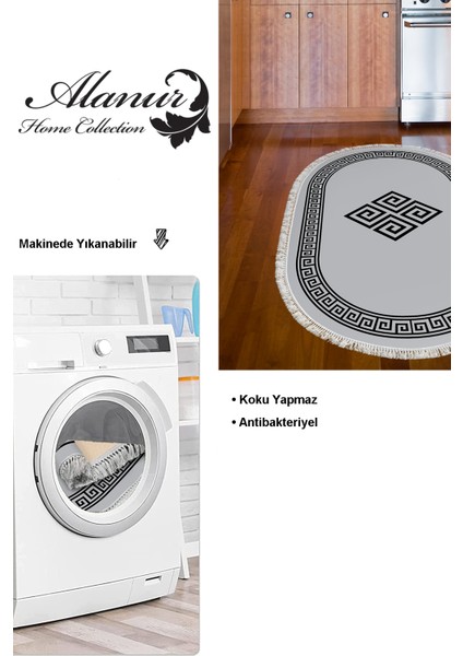 Dijital Mutfak Halısı Yıldız Deri Kaymaz Taban Saçaklı Oval Modern Kathryn Gri modelleri