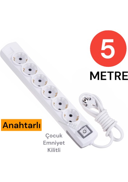Grup Priz Topraklı 6 Lı 5 Metre Anahtarlı Çocuk Korumalı Çoklu Priz Seyyar Ara Kablo Uzatma Kablosu