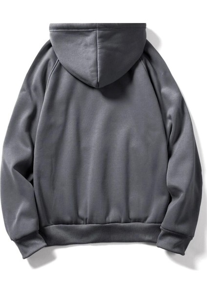 Erkek Koyu Gri El Baskılı Oversize Kapüşonlu Sweatshirt