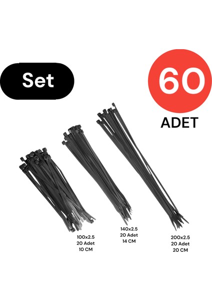 Plastik Kablo Bağı Cırt Kelepçe Set 100-150-250 x 2.5 mm Siyah (20 x 3) 60 Adet