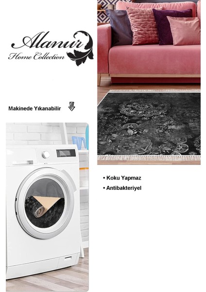 Dijital Salon Halısı Yıldız Deri Kaymaz Taban Saçaklı Modern Aubree Gri