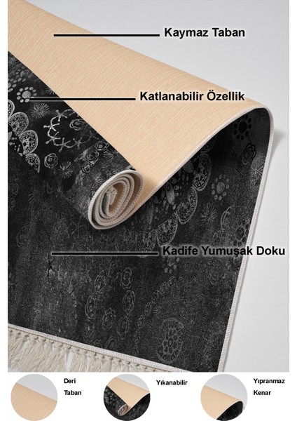 Dijital Salon Halısı Yıldız Deri Kaymaz Taban Saçaklı Modern Aubree Gri