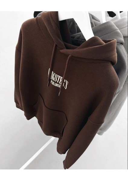 Unisex Kahverengi Gangster Baskılı Oversize Kapüşonlu Sweatshirt
