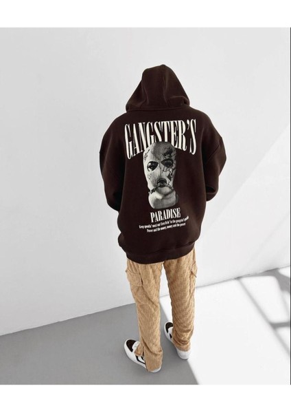 Unisex Kahverengi Gangster Baskılı Oversize Kapüşonlu Sweatshirt fiyatları