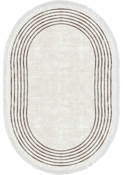 Dijital Mutfak Halısı Trend Keçe Kaymaz Taban Saçaklı Oval Modern Shelbi Bej