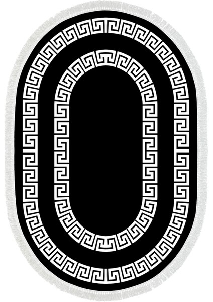 Dijital Mutfak Halısı Yıldız Deri Kaymaz Taban Saçaklı Oval Modern Starr Siyah