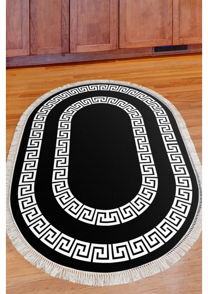Dijital Mutfak Halısı Yıldız Deri Kaymaz Taban Saçaklı Oval Modern Starr Siyah fiyatları
