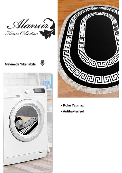Dijital Mutfak Halısı Yıldız Deri Kaymaz Taban Saçaklı Oval Modern Starr Siyah modelleri