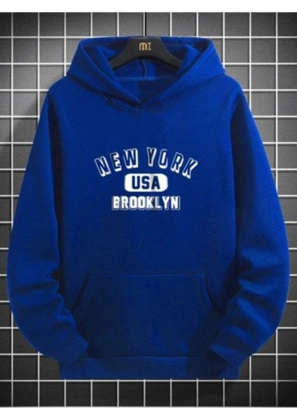 Unisex Mavi New York Baskılı 3 Iplik Oversize Kapüşonlu Sweatshirt