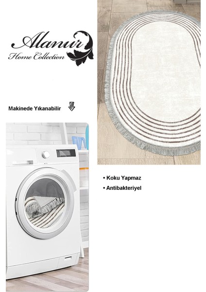 Dijital Mutfak Halısı Trend Keçe Kaymaz Taban Saçaklı Oval Modern Shelbi Bej modelleri